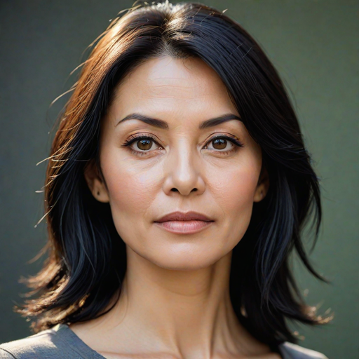 Middle-aged woman, narrow eyes, thin nose, thin face, golden
